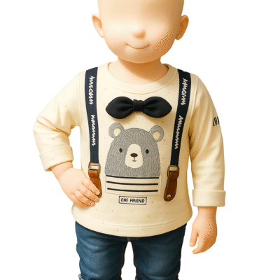 Girls' Cream Bear Print Top with Bow & Jeans – Cute 2-Piece Outfit