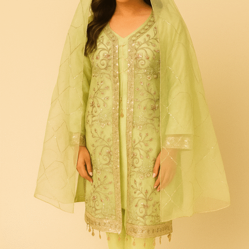 Elegant Lime Green Embroidered Chiffon Suit for Women