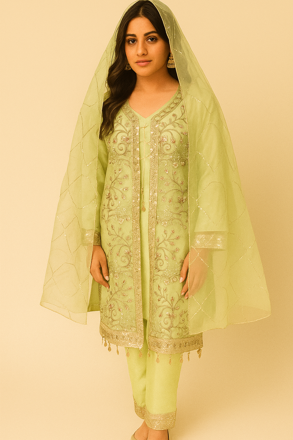 Elegant Lime Green Embroidered Chiffon Suit for Women