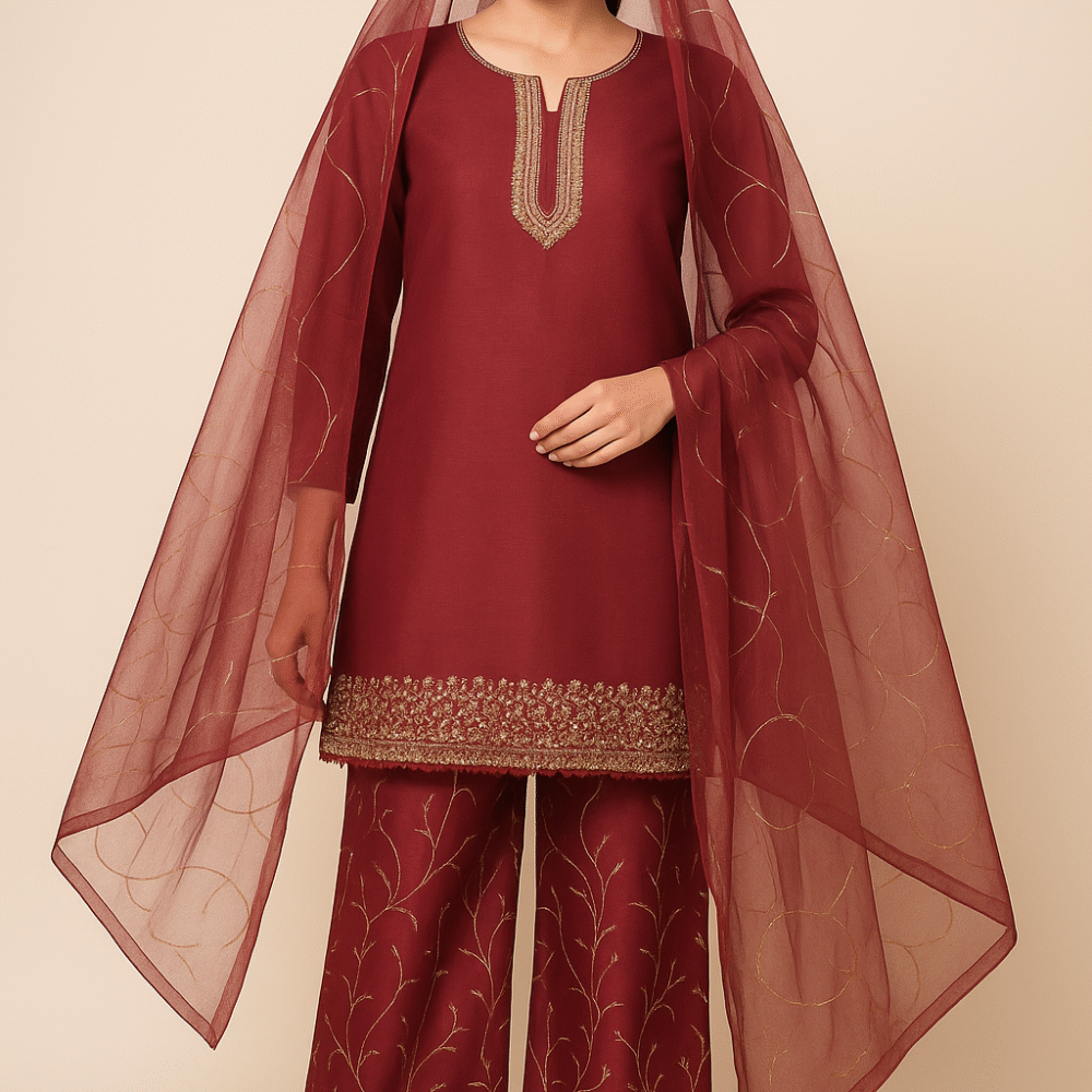 Elegant Maroon Embroidered 3-Piece Formal Suit for Women