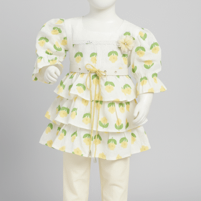 Girls' Floral Layered Frock with Cream Trousers – Summer Party Wear Set