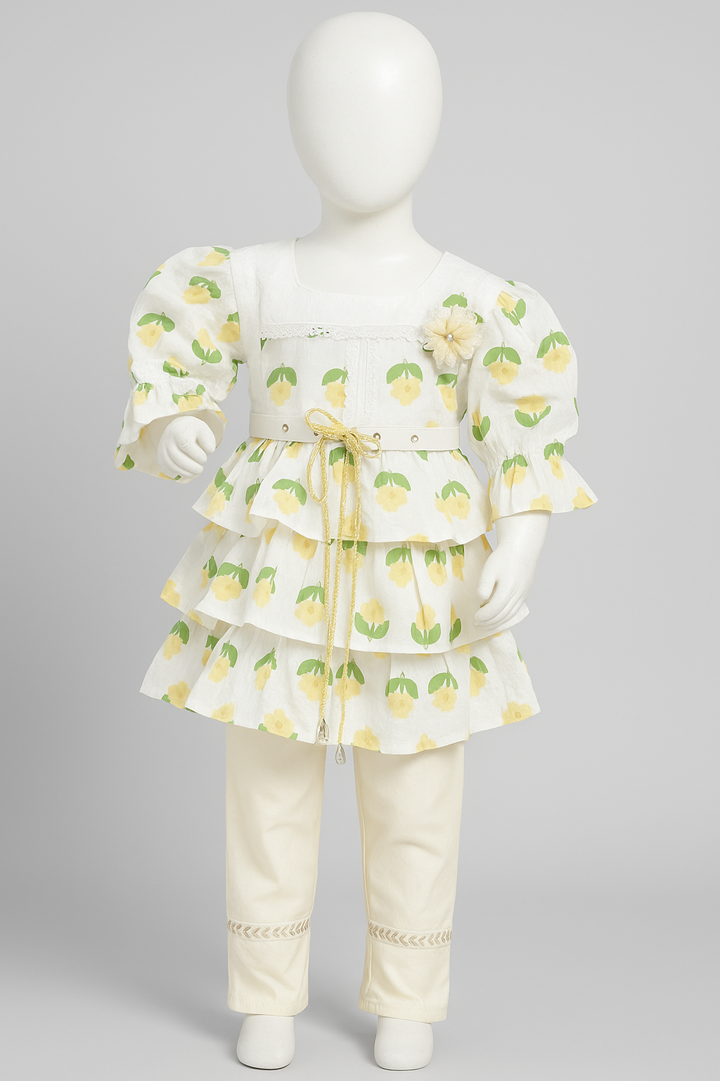 Girls' Floral Layered Frock with Cream Trousers – Summer Party Wear Set