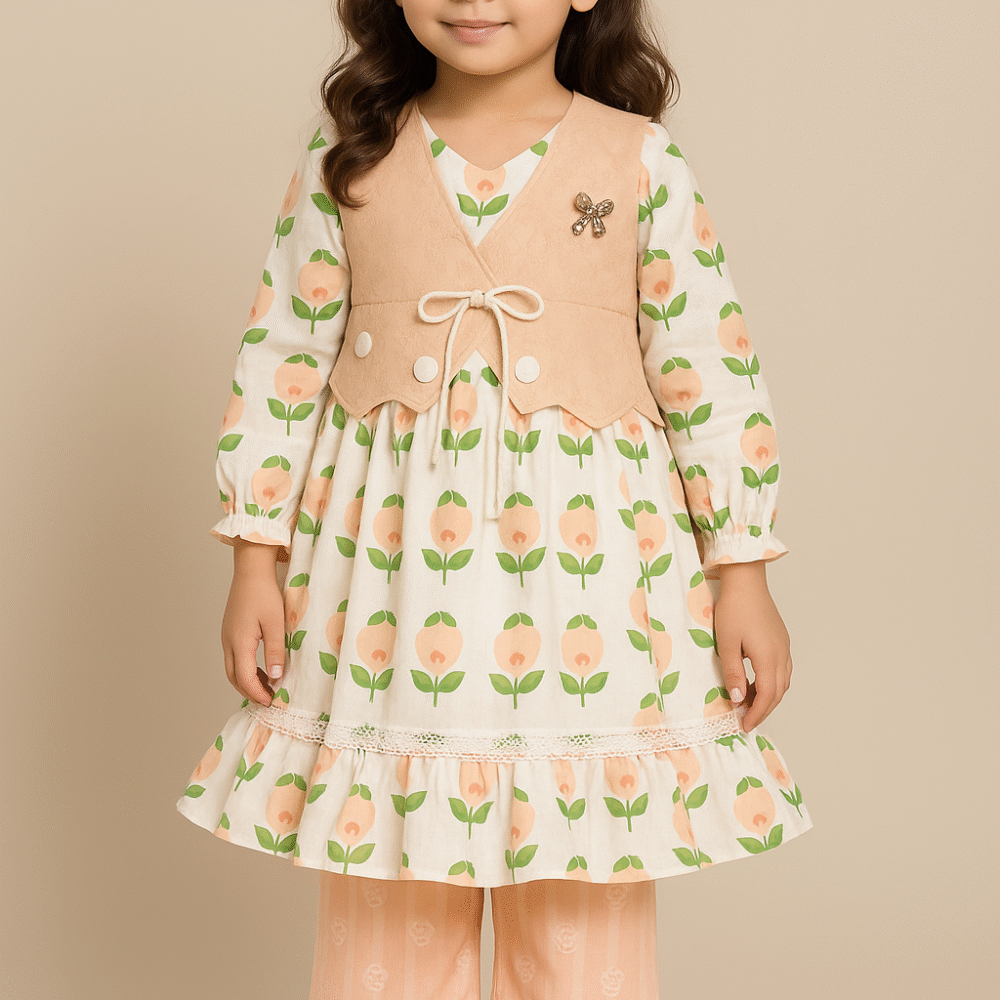Girls' Floral Frock with Peach Vest & Matching Pants – 3-Piece Festive Outfit