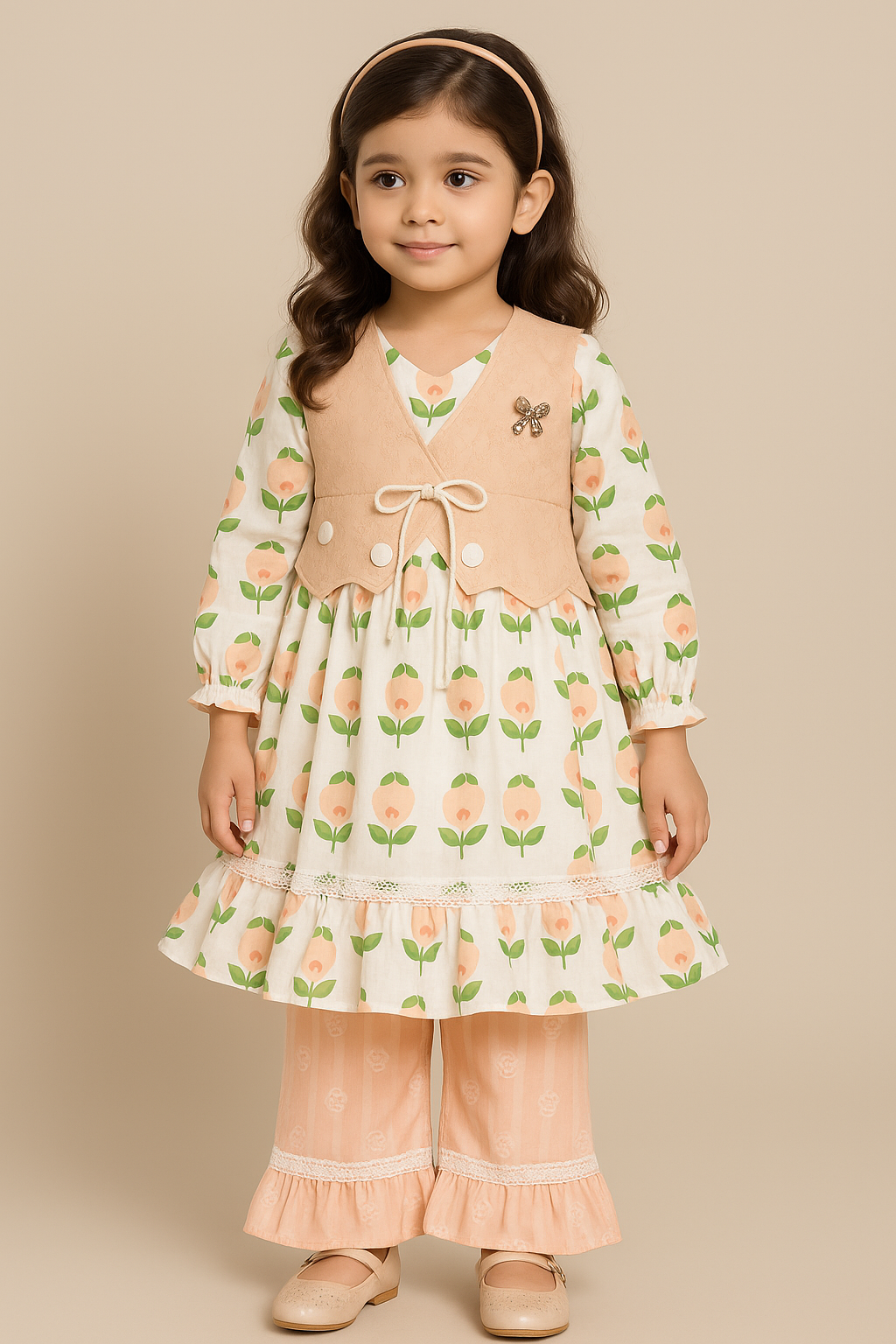 Girls' Floral Frock with Peach Vest & Matching Pants – 3-Piece Festive Outfit