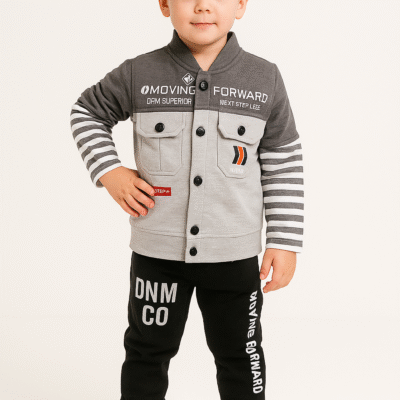 Stylish Baby Boys' Grey & Black "Moving Forward" Jacket Set – 3-Piece Casual Outfit