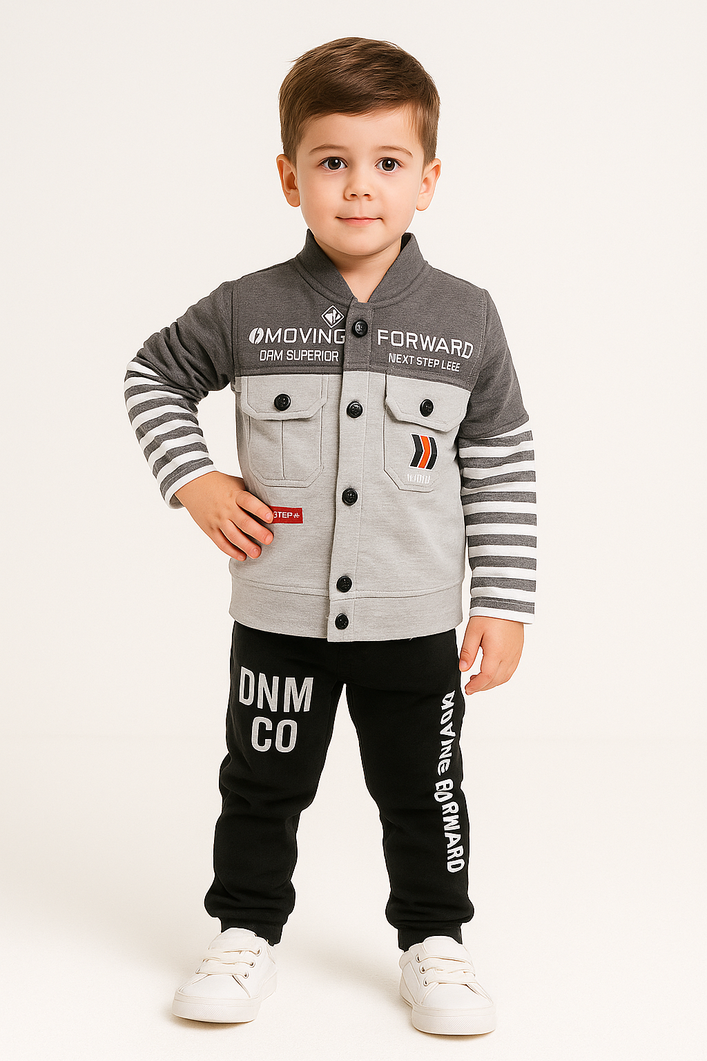Stylish Baby Boys' Grey & Black "Moving Forward" Jacket Set – 3-Piece Casual Outfit