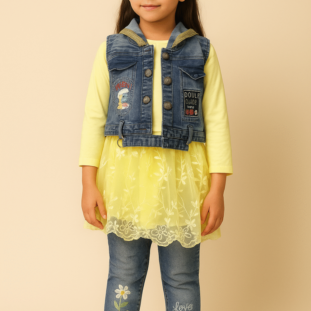 Stylish Yellow Frock & Denim Jeans Set for Girls