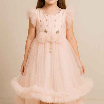 Elegant Baby Girl Party Dress – Soft Pink Tulle with Pearl & Floral Embellishments