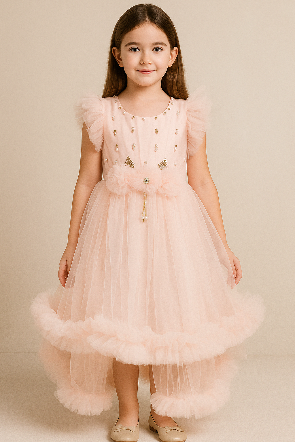 Elegant Baby Girl Party Dress – Soft Pink Tulle with Pearl & Floral Embellishments