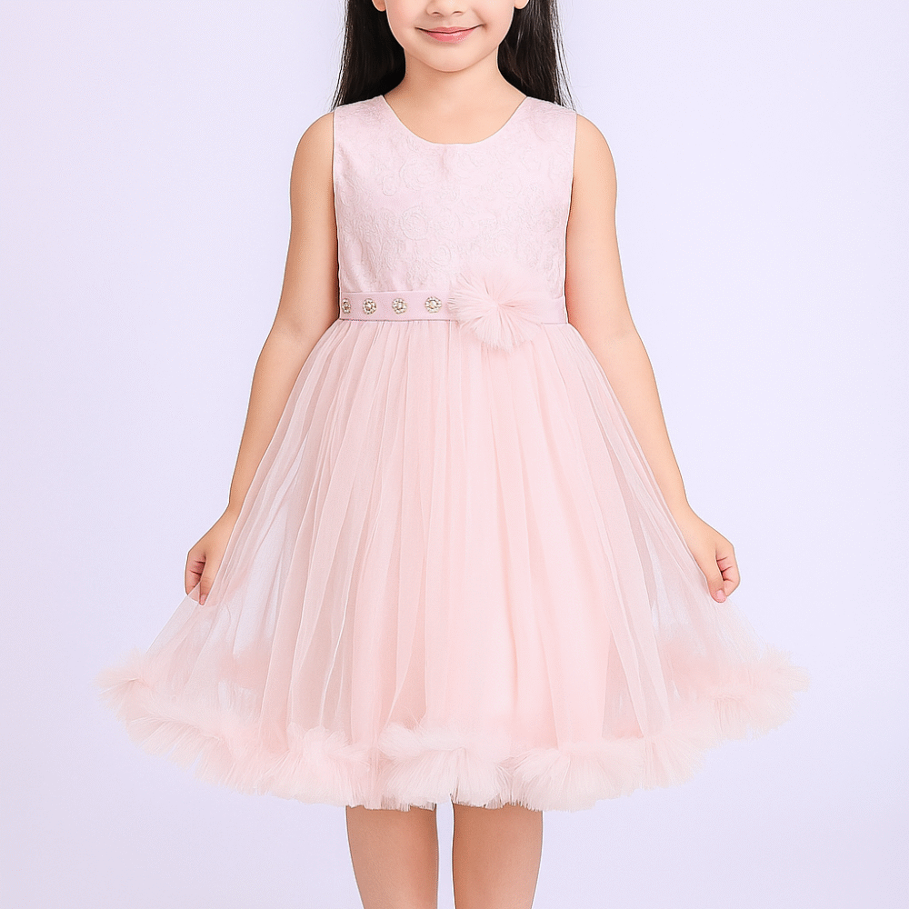 Elegant Baby Pink Tulle Frock with Embellished Bodice – Party Wear for Girls