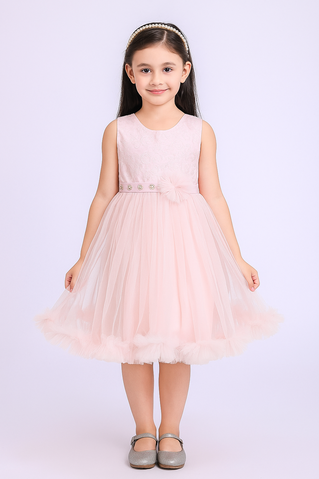 Elegant Baby Pink Tulle Frock with Embellished Bodice – Party Wear for Girls