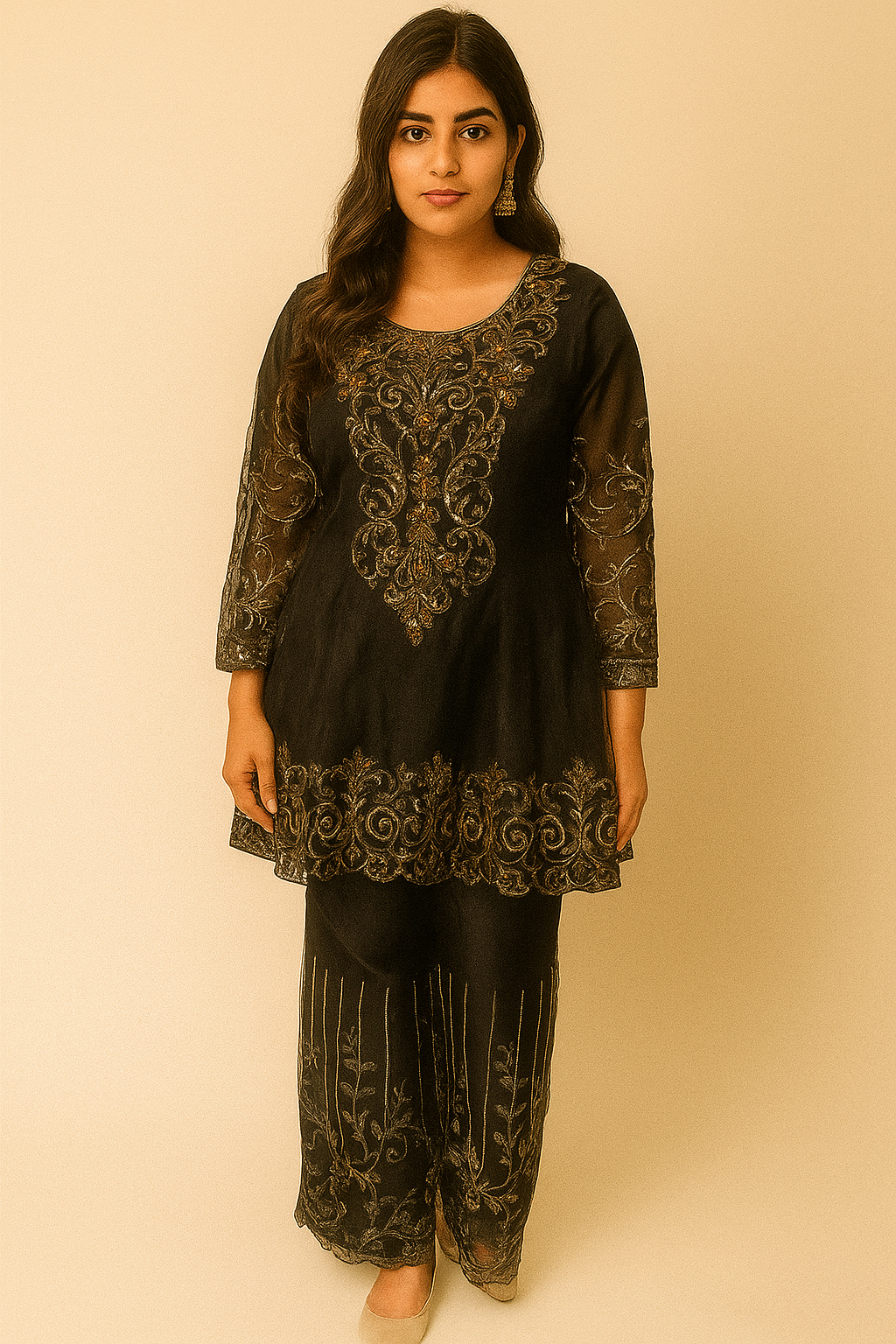 Elegant Black Embroidered Party Wear Dress for Girls-3 Piece
