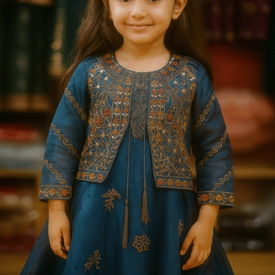 Elegant Blue Embroidered Party Dress for Girls – Stylish & Traditional Outfit