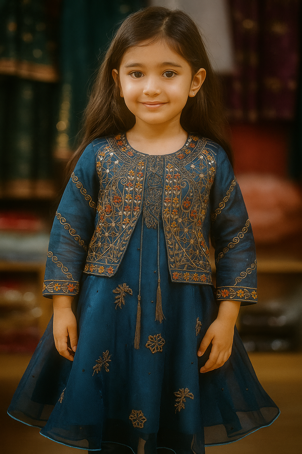 Elegant Blue Embroidered Party Dress for Girls – Stylish & Traditional Outfit