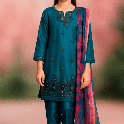 Elegant Blue Embroidered Party Wear Dress for Girls – 3 Piece Suit