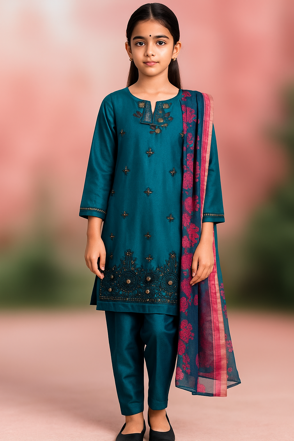 Elegant Blue Embroidered Party Wear Dress for Girls – 3 Piece Suit