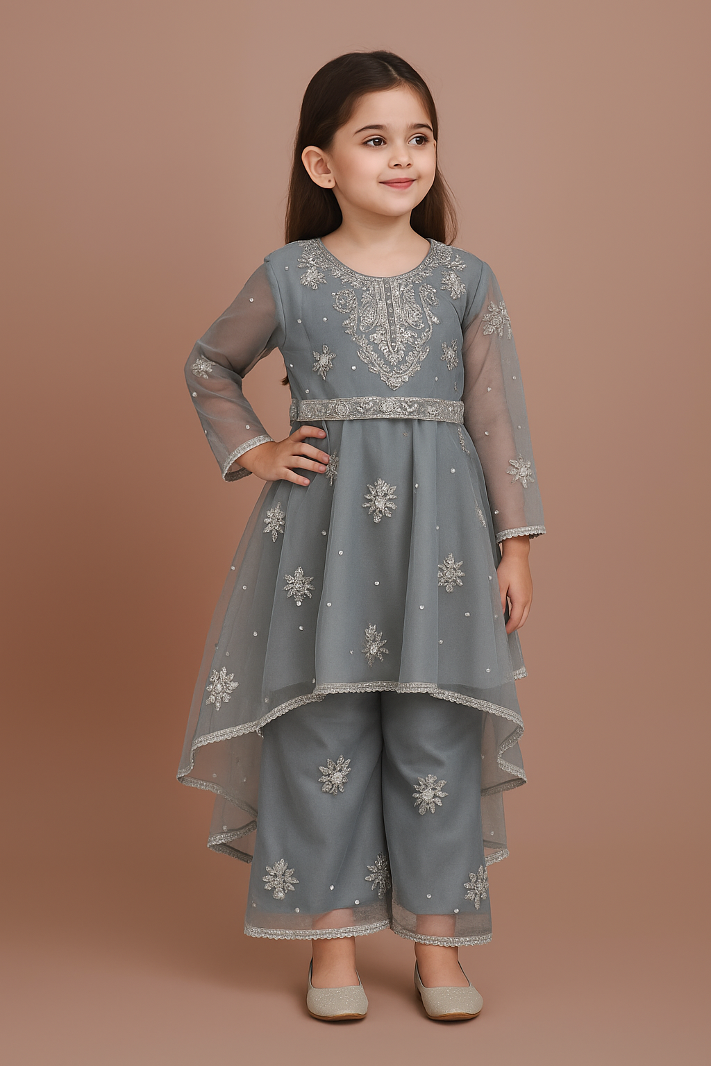 Elegant Grey Embroidered Net Dress for Girls – Festive & Party Wear