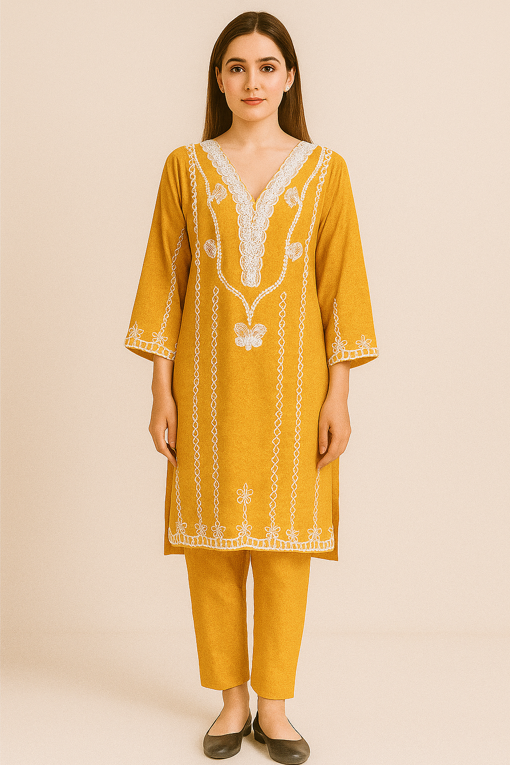 Elegant Mustard Embroidered 2-Piece Suit for Women