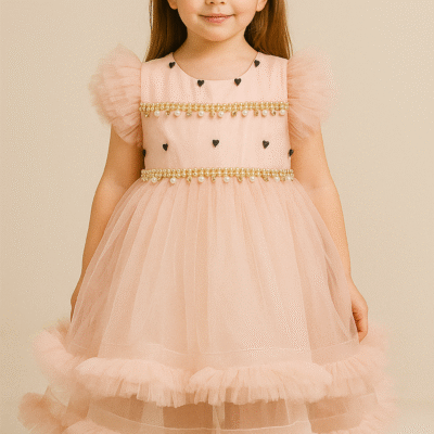 Elegant Peach Net Frock with Pearl & Heart Embellishments – Kids Party Wear