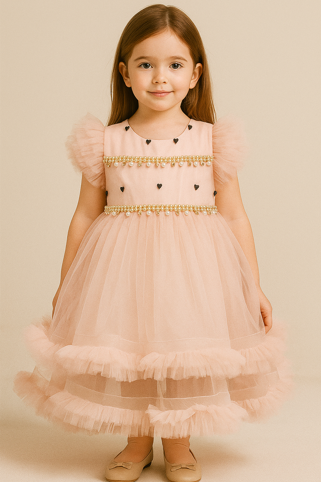 Elegant Peach Net Frock with Pearl & Heart Embellishments – Kids Party Wear