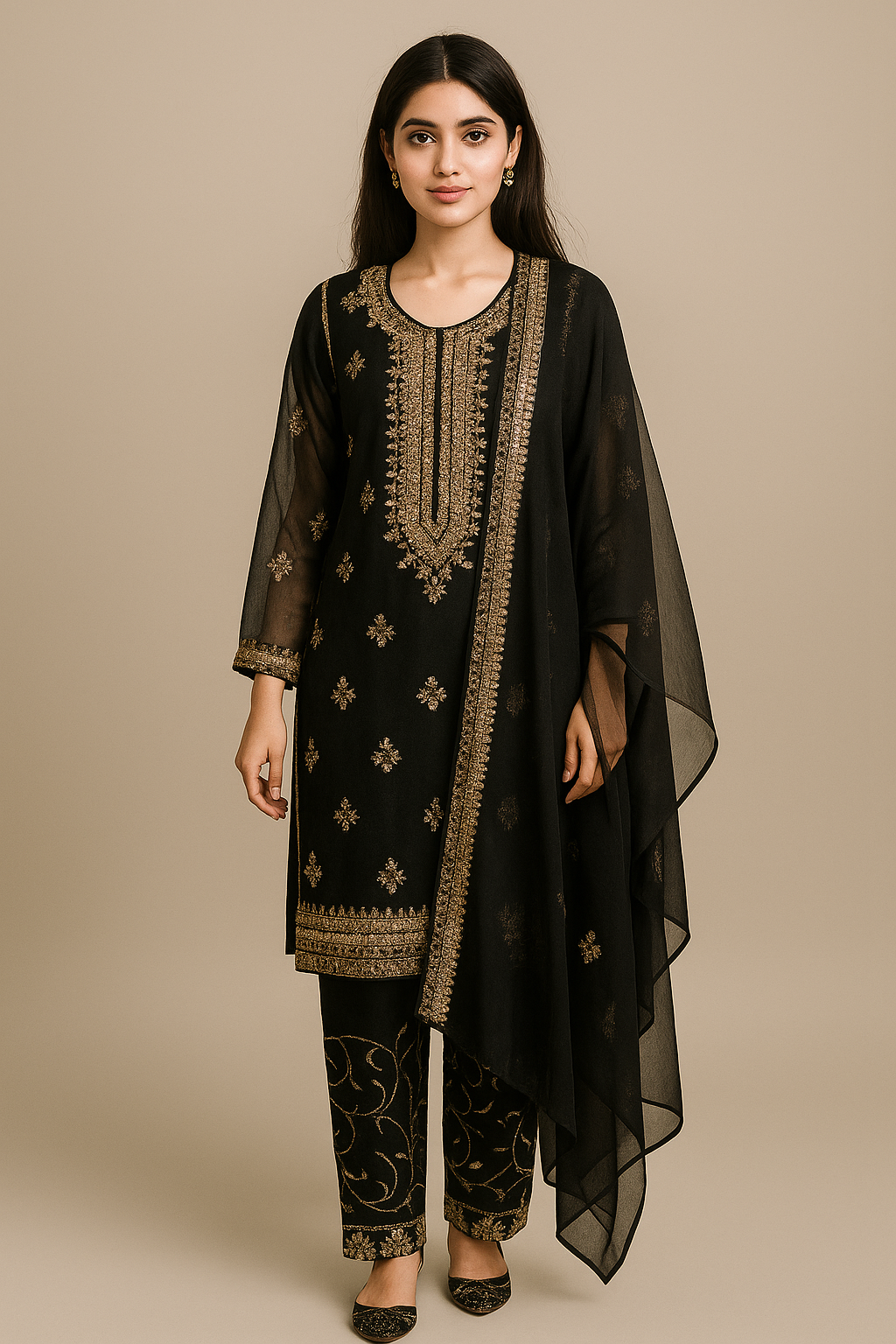 Elegant Black Embroidered Formal Suit for Girls – 3 Piece Traditional Wear