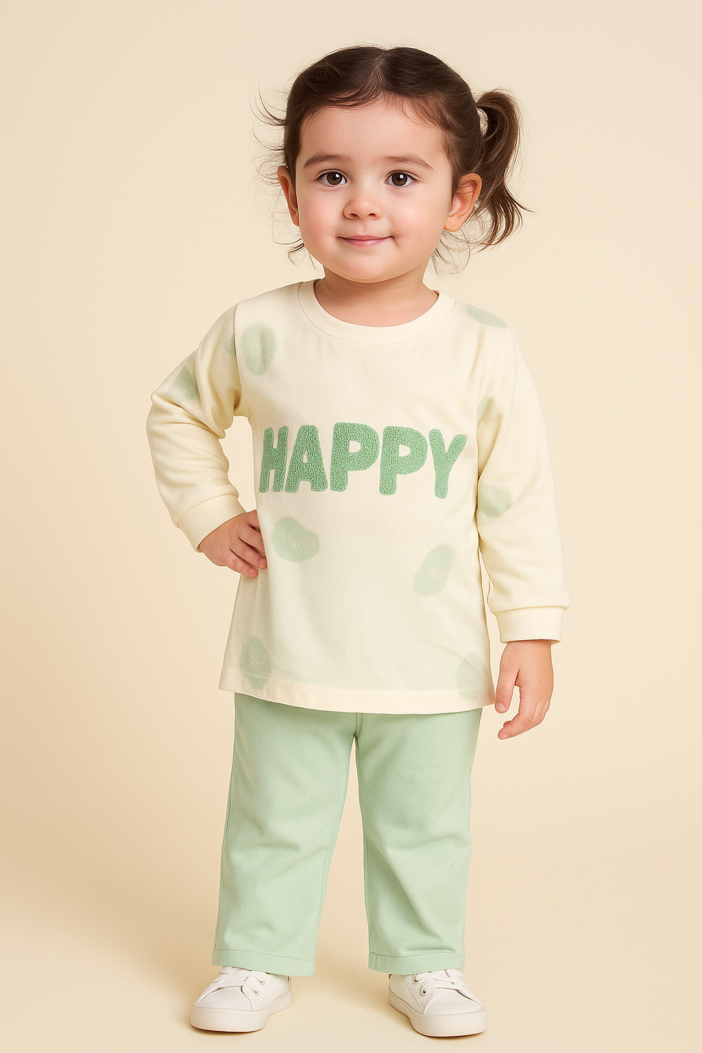 Light Green "Happy" Two-Piece Outfit for Toddler Girls – Soft & Comfortable Casual Wear