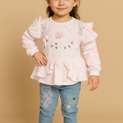 Stylish Pink Top with Embroidered Jeans for Girls – Trendy Kids Wear