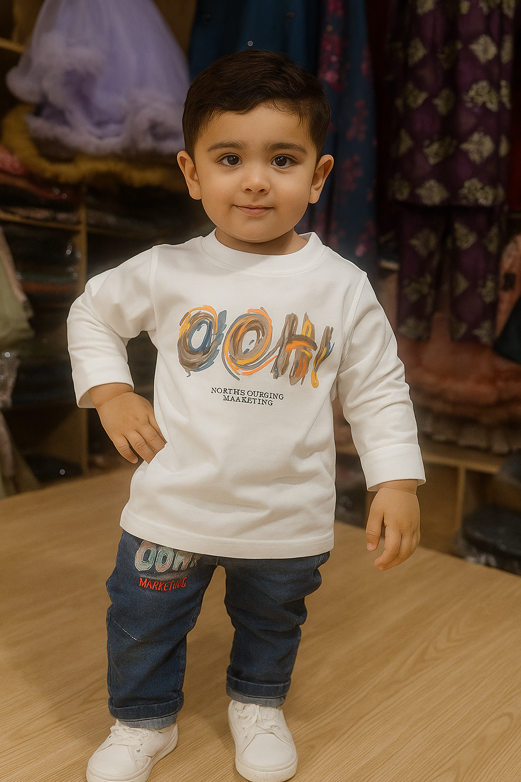 Trendy 1–4 Year Old Boys Outfit – “OOH!” Printed Sweatshirt with Jeans