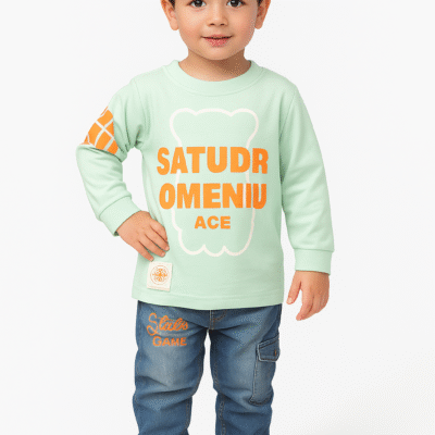 Trendy Casual Outfit for Boys – Mint Green Long Sleeve & Denim Pants