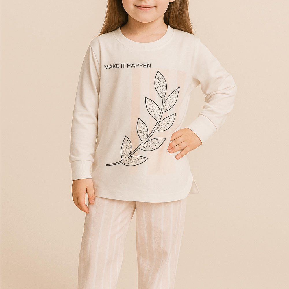 Trendy Kids Girl Two-Piece Outfit – White Top & Pink Striped Pants