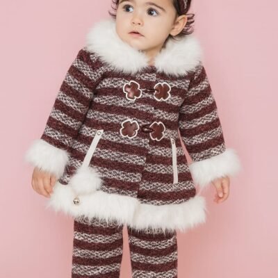 Baby Girl Winter Striped Fur Outfit – Maroon & White 2-Piece Set
