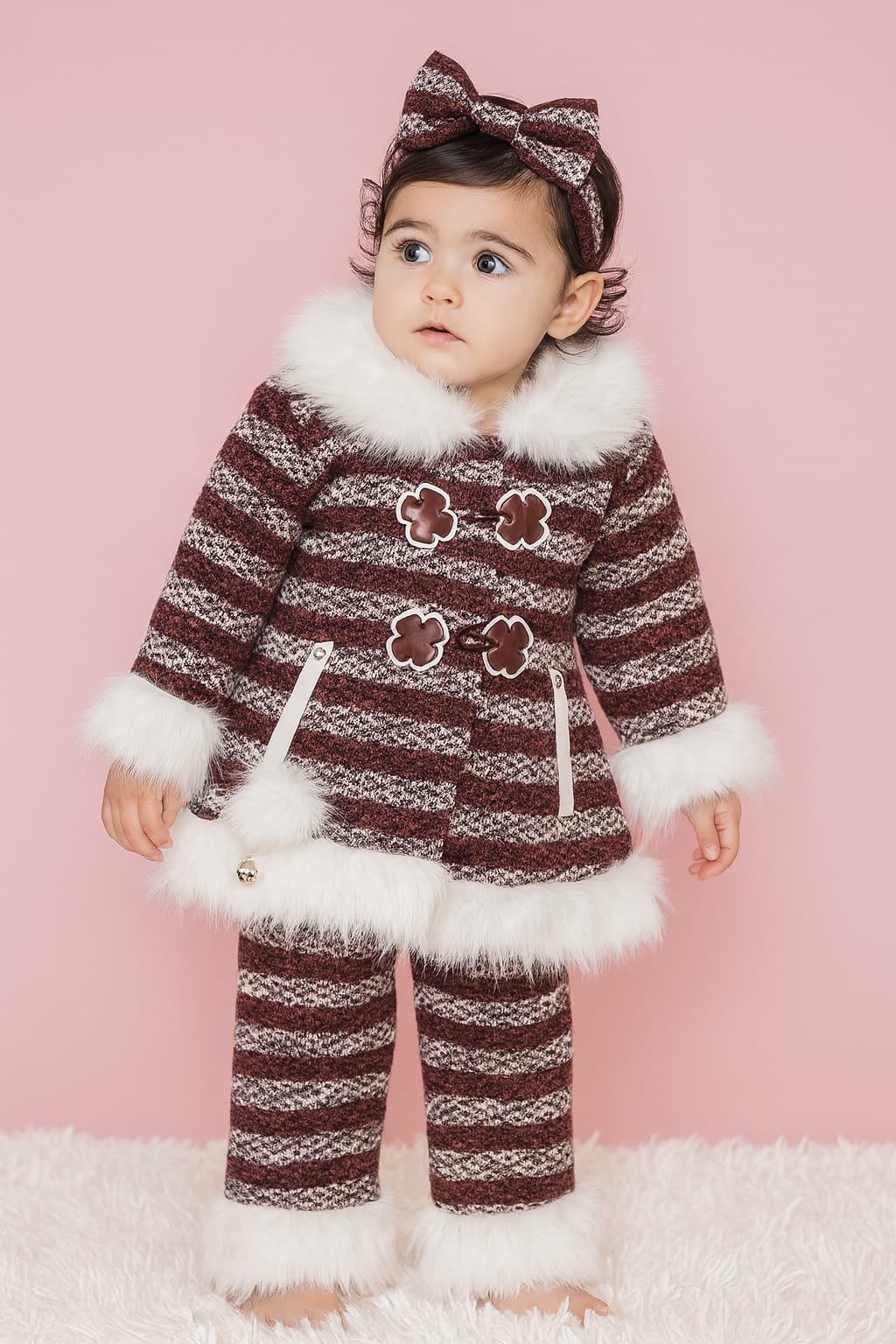 Baby Girl Winter Striped Fur Outfit – Maroon & White 2-Piece Set