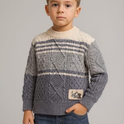 Boys Winter Knitted Sweater – Grey & Cream Warm Cable Knit Pullover