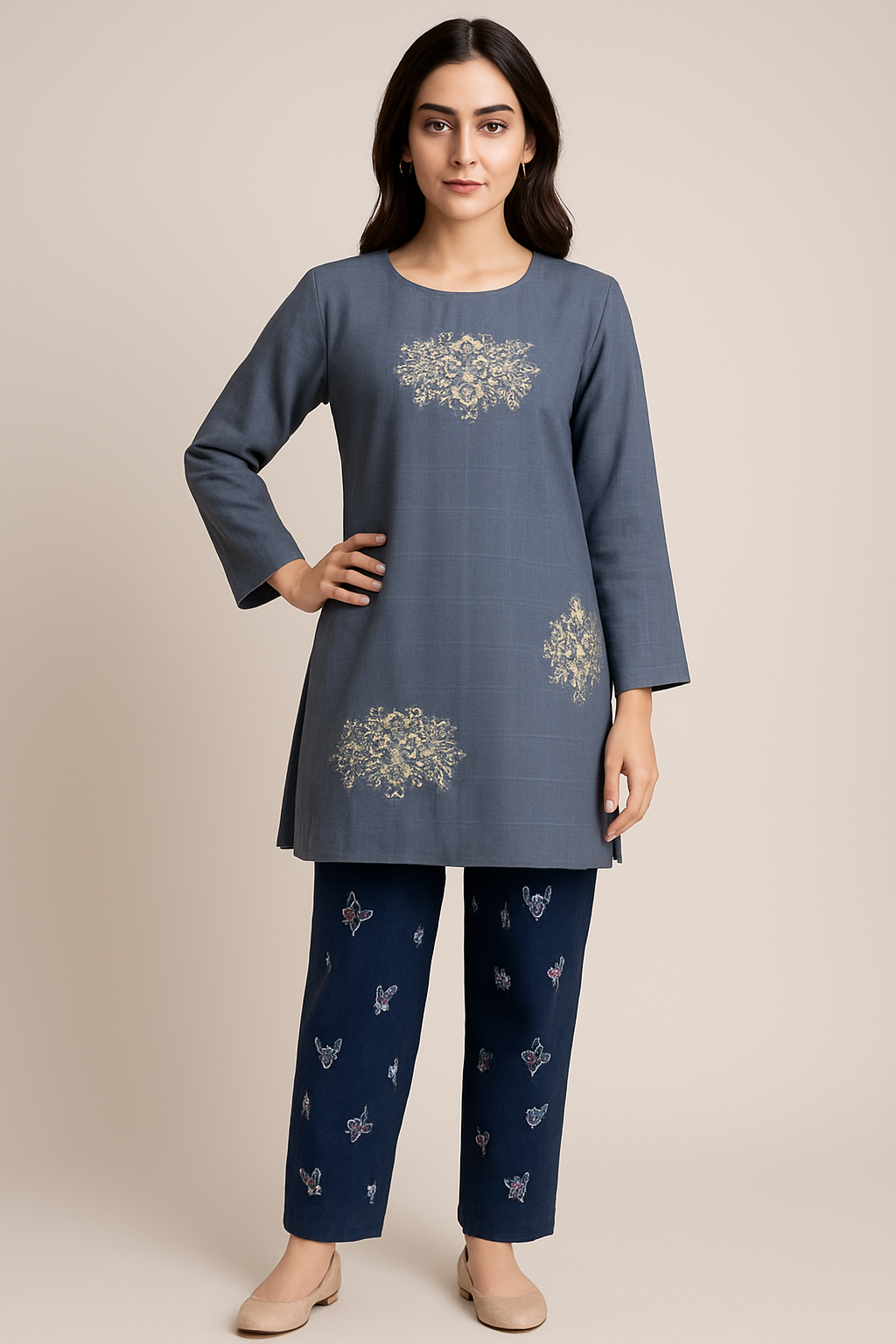 Elegant Embroidered Two-Piece Women’s Casual Wear | Stylish Kurti & Trouser Set