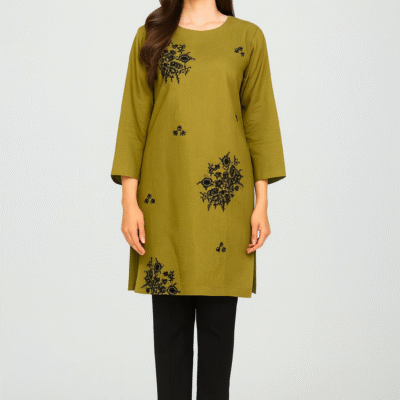 Olive Green Embroidered Kurti with Black Trouser – Women’s Stylish Casual Wear