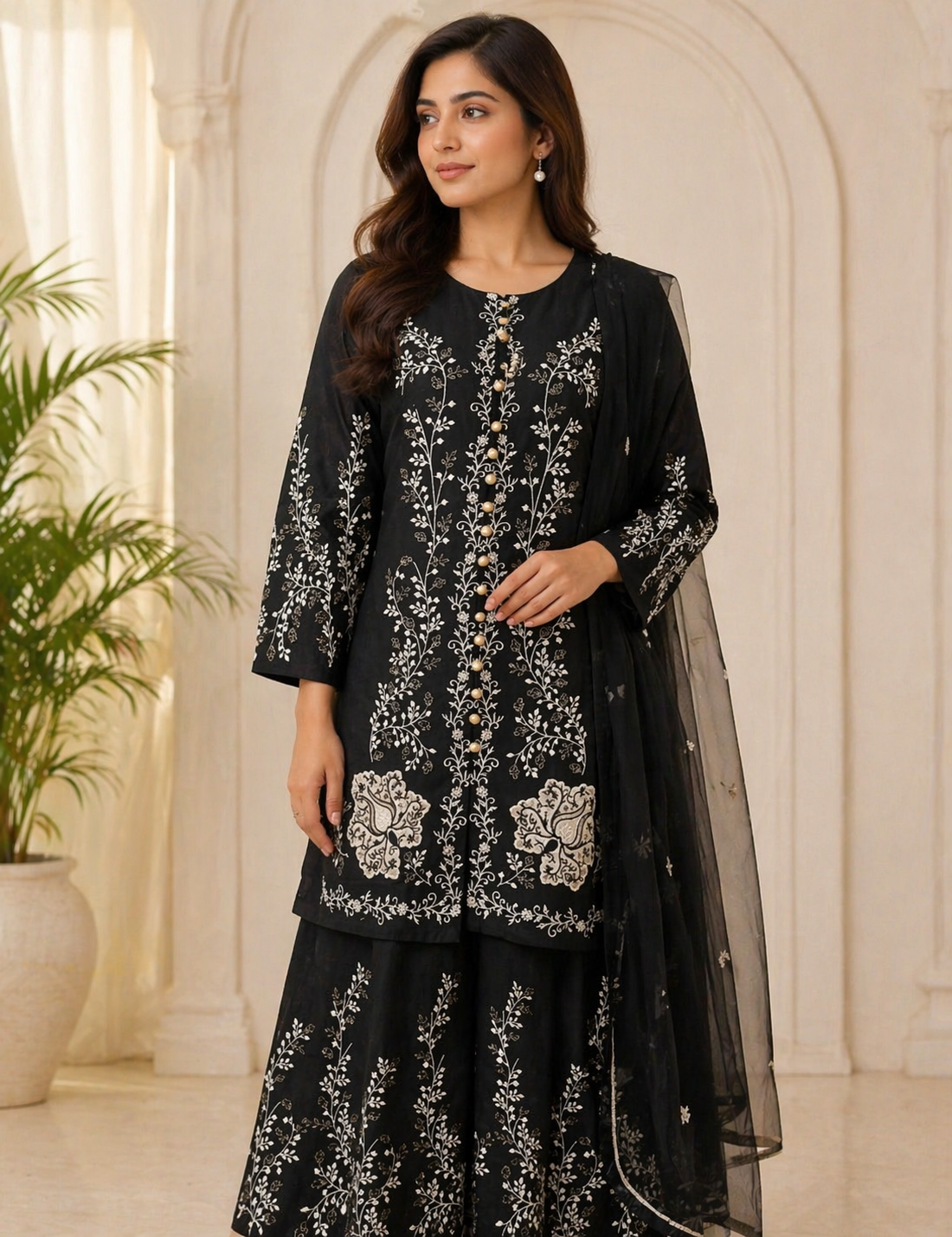 Elegant Black Embroidered Women’s 3-Piece Suit Set