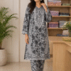 Elegant Grey Floral Printed Women 3 Piece Suit