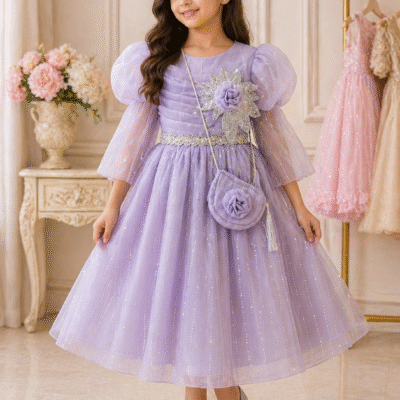Elegant Lavender Princess Party Dress for Girls with Purse