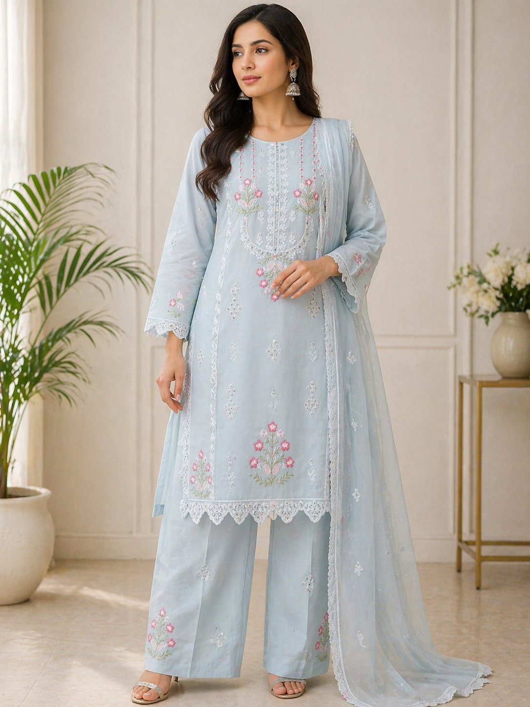 Elegant Sky Blue Embroidered Women 3 Piece Suit