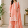 Peach Embroidered Women 3 Piece Suit with Dupatta