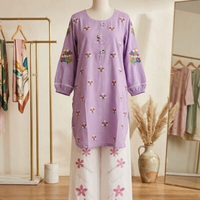 Stylish Lavender Embroidered Kurti with Floral Trouser