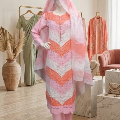 Stylish Peach & Pink Embroidered 3 Piece Suit