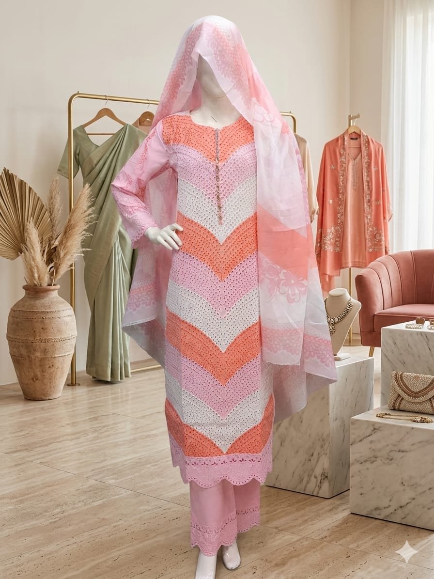 Stylish Peach & Pink Embroidered 3 Piece Suit