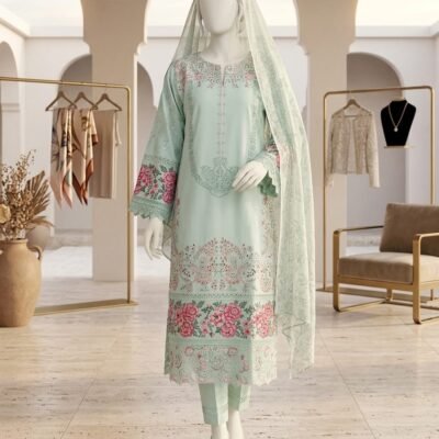 Elegant Mint Green Embroidered 3 Piece Suit