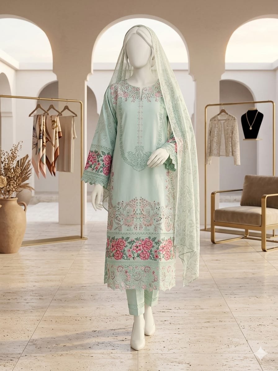 Elegant Mint Green Embroidered 3 Piece Suit