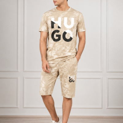 Beige HUGO Printed Boys Casual T-Shirt & Shorts Set