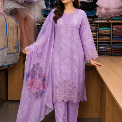 Elegant Lavender Embroidered 3 Piece Suit for Women