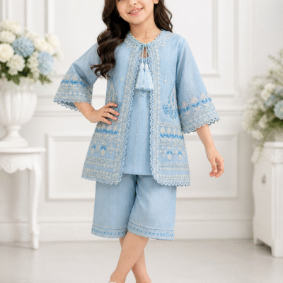 Elegant Sky Blue Embroidered Girls Party Wear Set