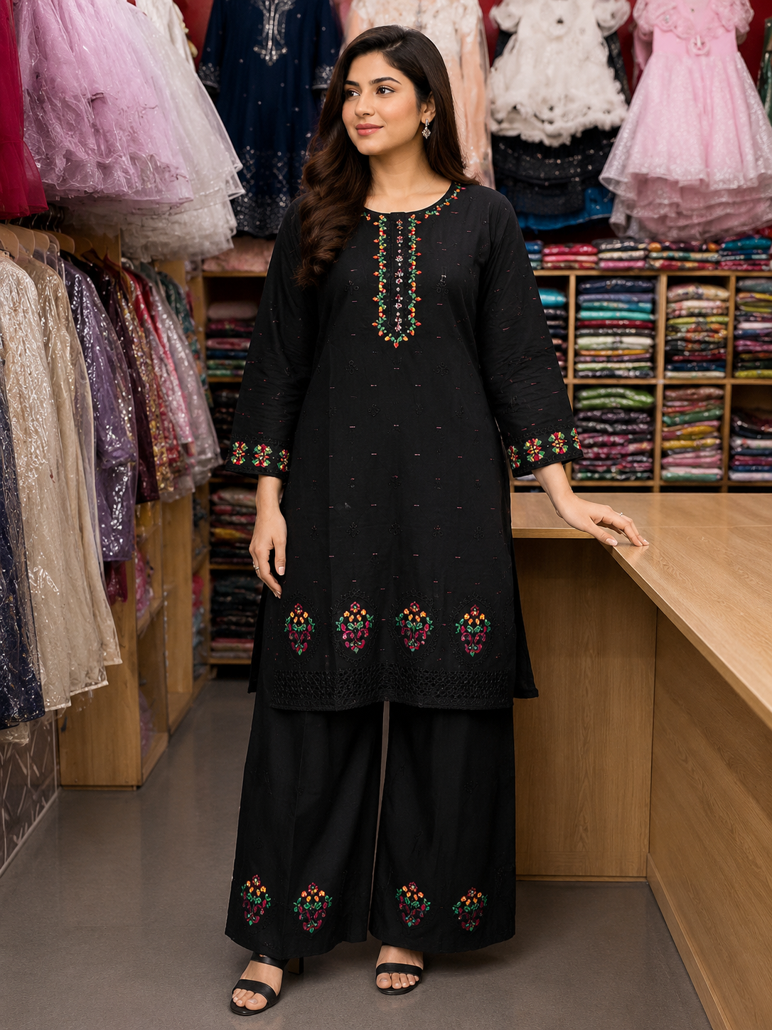 Elegant Black Embroidered Women Dress Set 2026