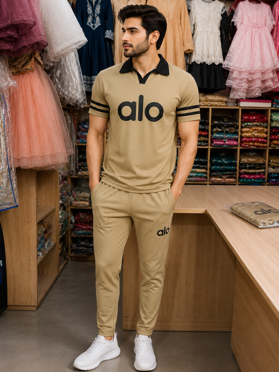Men’s Beige Alo Polo Tracksuit | Premium Casual Wear 2026